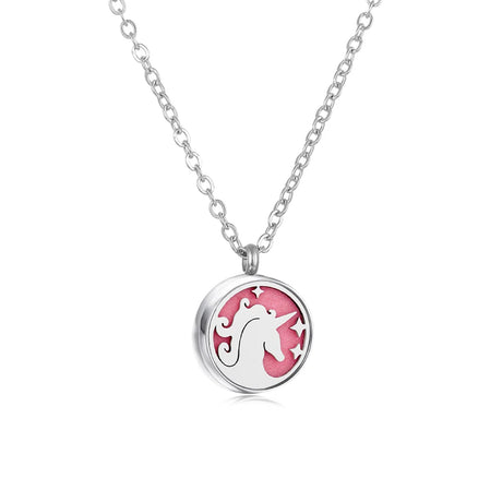 Necklace with a pink and silver pendant on a white background