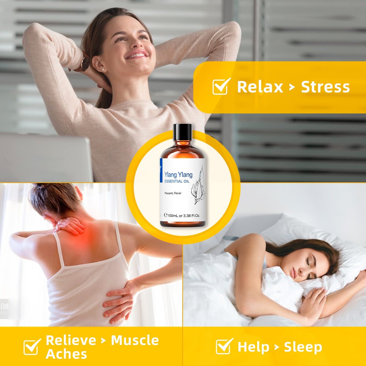 Woman relaxing with text 'Relax > Stress', 'Relieve > Muscle Aches', and 'Help > Sleep' alongside a bottle of essential oil.