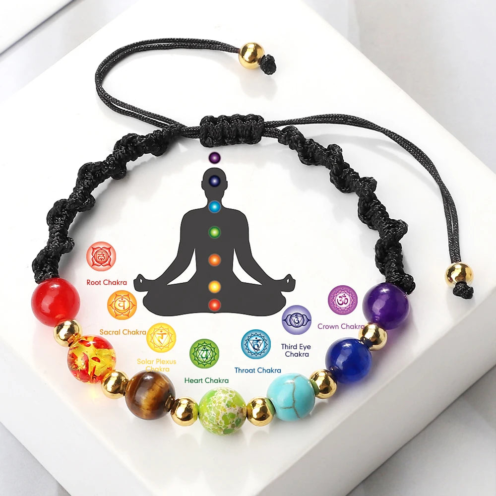 Chakra bracelet with colorful beads on a white background