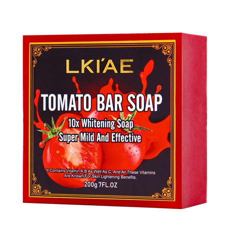 Box of LKIAE Tomato Bar Soap with tomato graphics on a white background