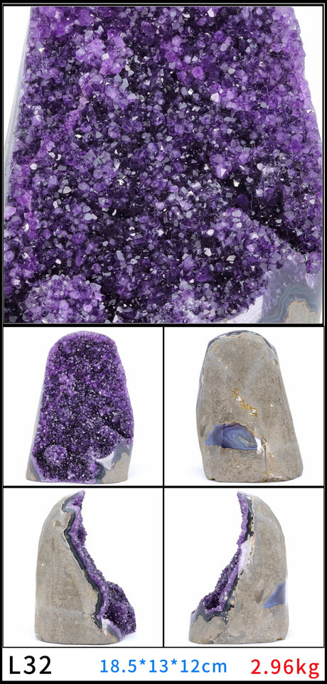 Collage of purple crystal rock with different angles and a weight label.