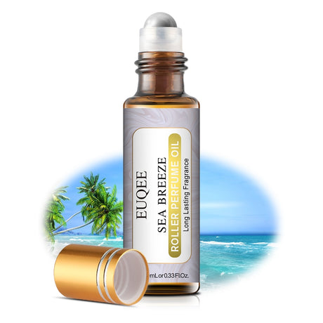 EUQEE Sea Breeze roller perfume oil with beach background