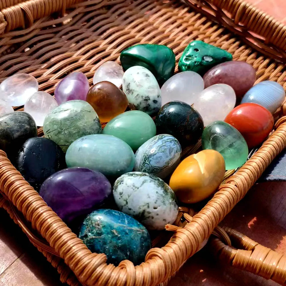 Assorted colorful crystals in a wicker basket