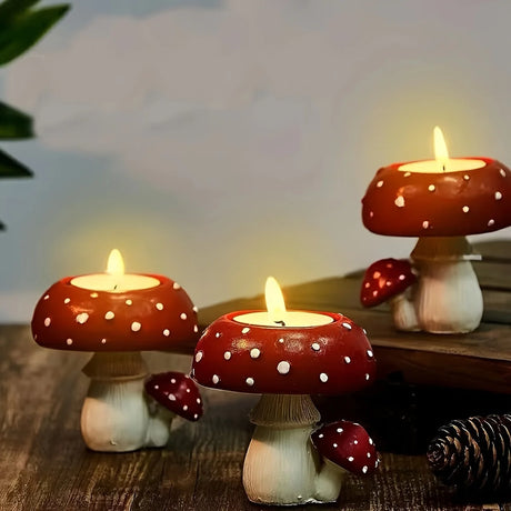 Mushroom-shaped candles on a wooden surface with a blurred background