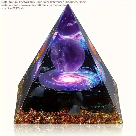 Pyramid-shaped crystal with purple and black interior on a white background
