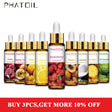 Collection of PHATOIL essential oil droppers with fruit illustrations on a white background
