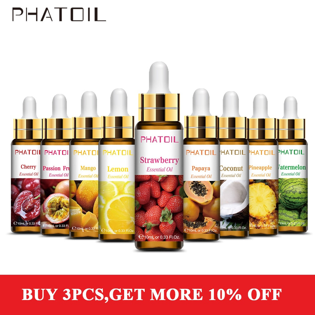 Collection of PHATOIL essential oil droppers with fruit illustrations on a white background