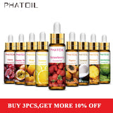 Collection of PHATOIL essential oil droppers with fruit illustrations on a white background