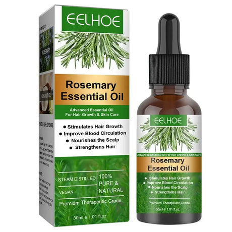 Rosemary essential oil bottle and packaging with EELHOE branding on a white background