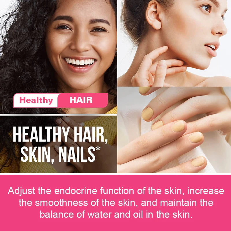 Advertisement for healthy hair, skin, and nails with a woman's face, neck, and hands shown.