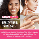 Advertisement for healthy hair, skin, and nails with a woman's face, neck, and hands shown.