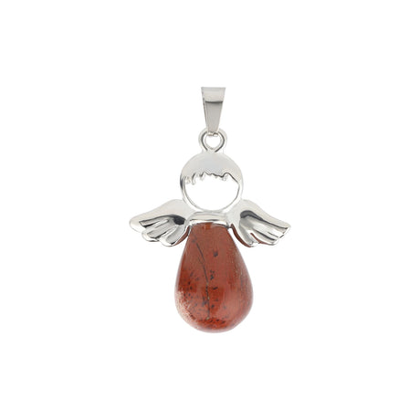Silver angel pendant with a red stone on a white background