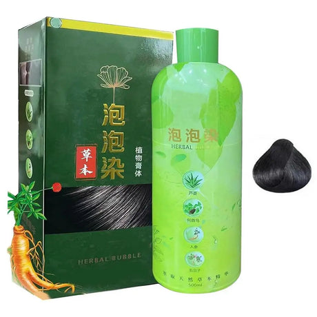 Herbal hair dye packaging with green bottle and box on a white background