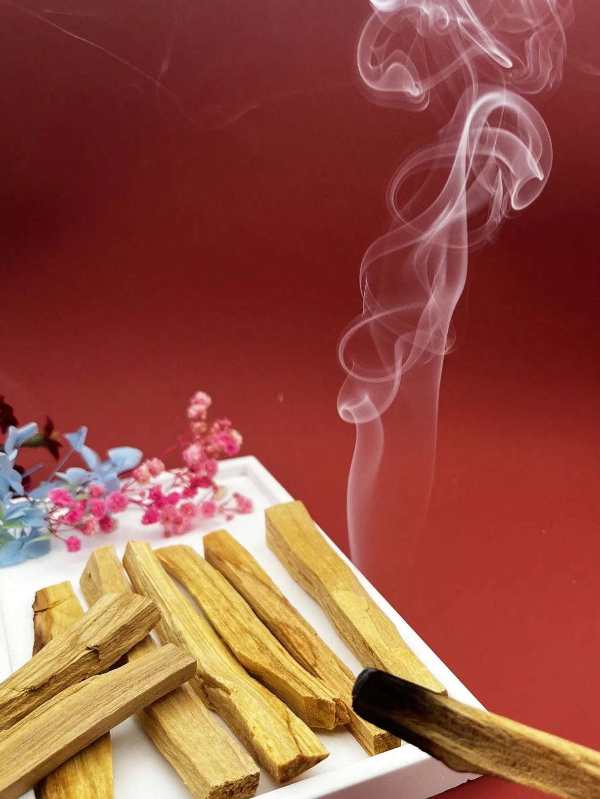 Palo santo sticks with smoke on a red background