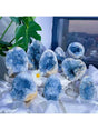 Collection of blue crystal geodes on a white surface with a plant in the background
