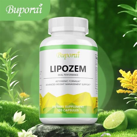 Buporai Lipozem dietary supplement bottle with a natural green background