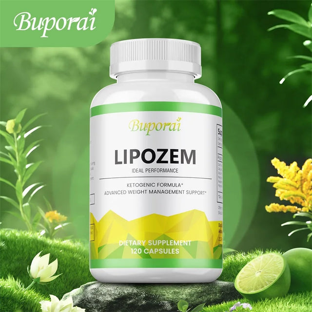 Buporai Lipozem dietary supplement bottle with a natural green background