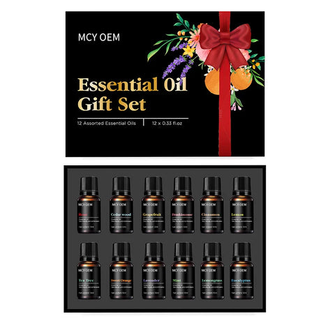 Essential oil gift set with 12 bottles and decorative packaging featuring a bow and flowers.