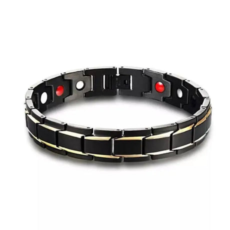 Black and gold bracelet with red accents on a white background