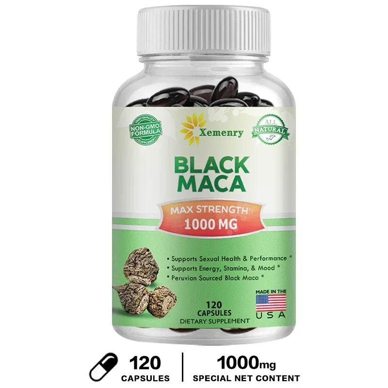Bottle of Xemenry Black Maca supplement with white cap and green label on a white background