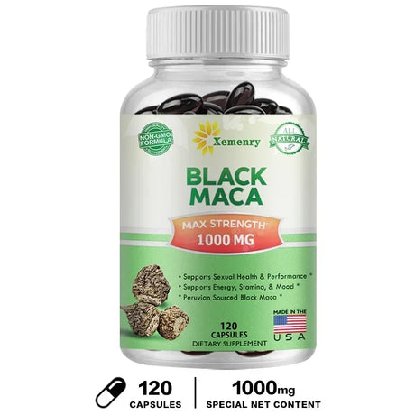 Bottle of Xemenry Black Maca supplement with white cap and green label on a white background