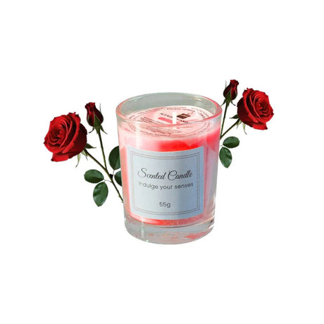 Scented candle with red roses on a white background