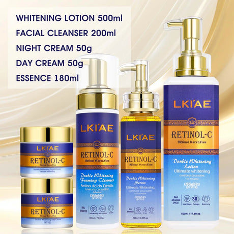 Set of LKIAE skincare products including lotion, cleanser, cream, and serum on a beige background.