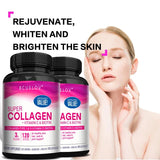 Two bottles of BCuelov Super Collagen with a woman touching her face on a white background.