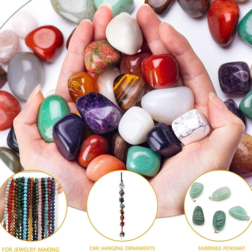 Hand holding various colorful stones with jewelry-making examples inset.