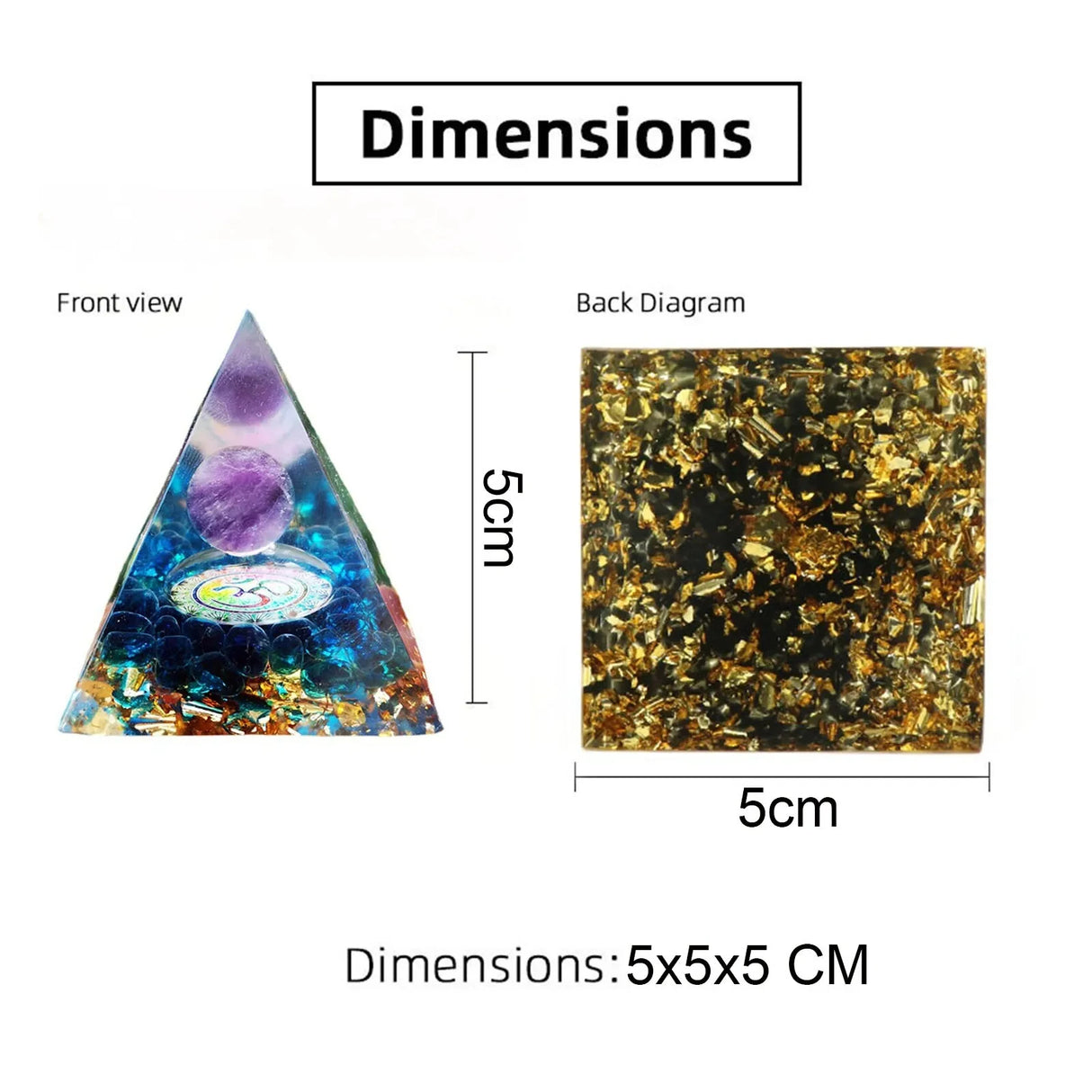 Triangular crystal orgone pyramid with dimensions labeled on a white background