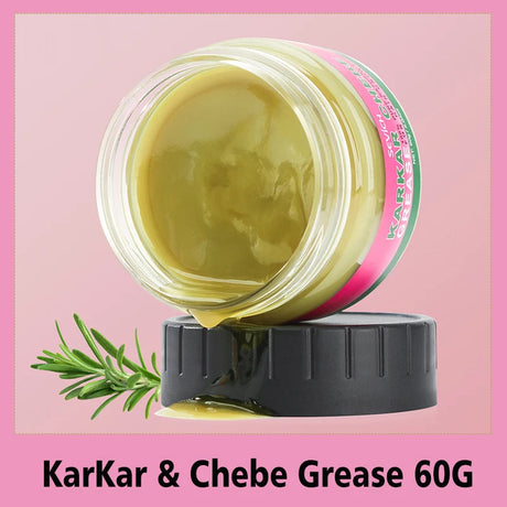 Jar of KarKar & Chebe Grease with a black cap on a pink background