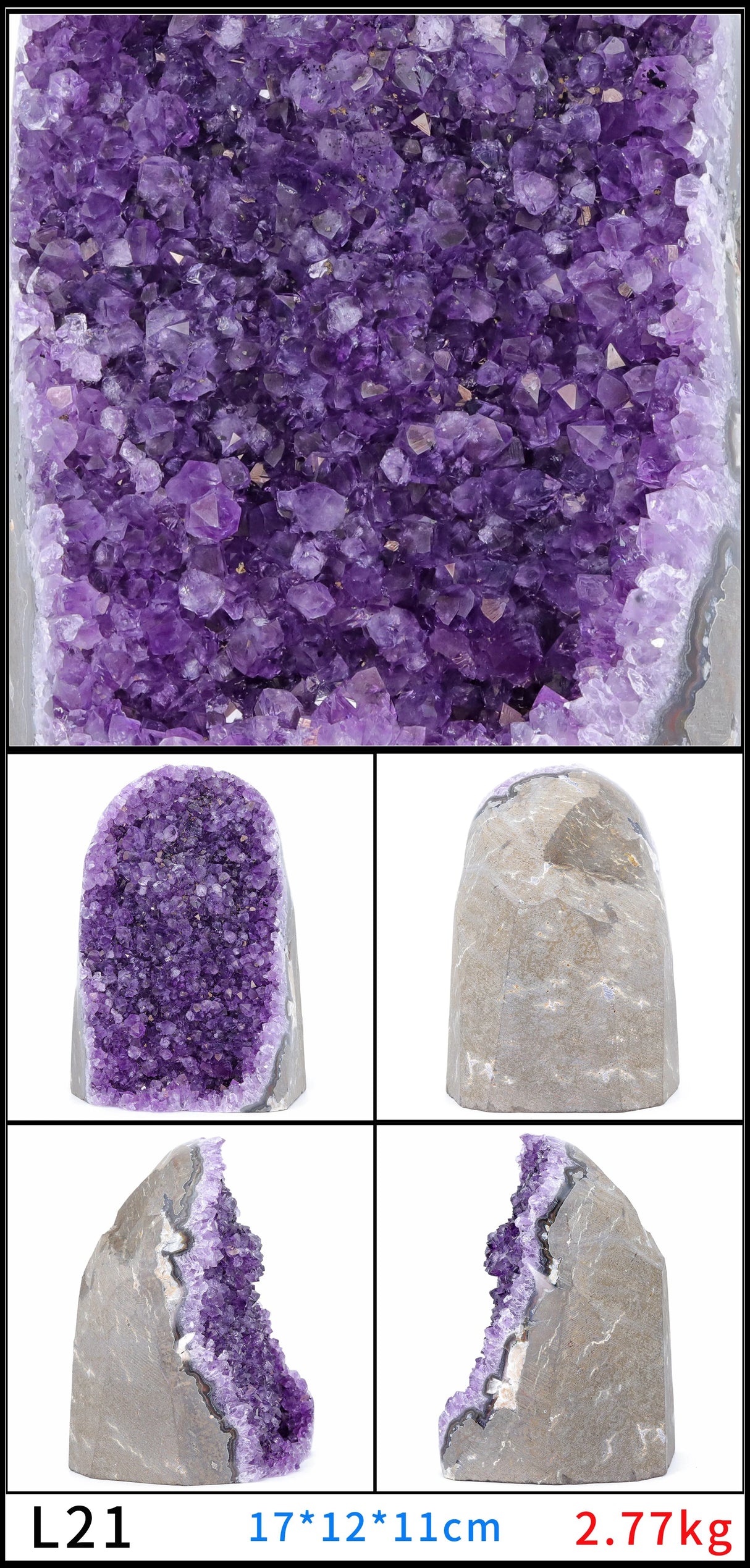 Amethyst crystal cluster with different views and measurements.