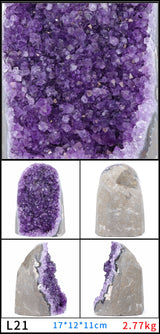 Amethyst crystal cluster with different views and measurements.