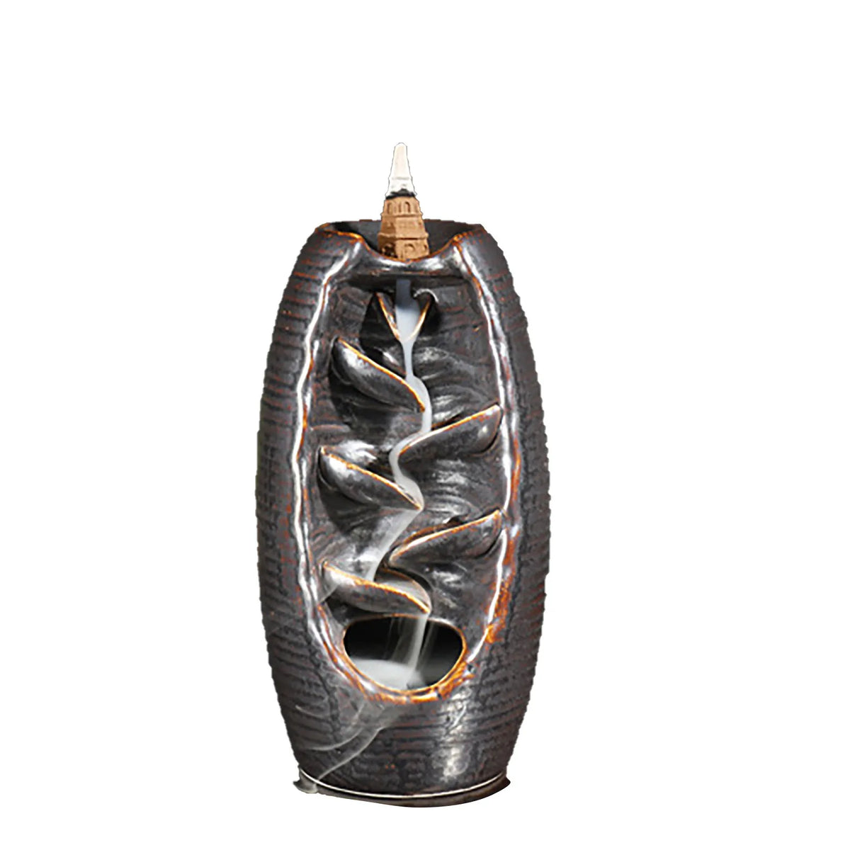 Ceramic water fountain with a decorative design on a white background