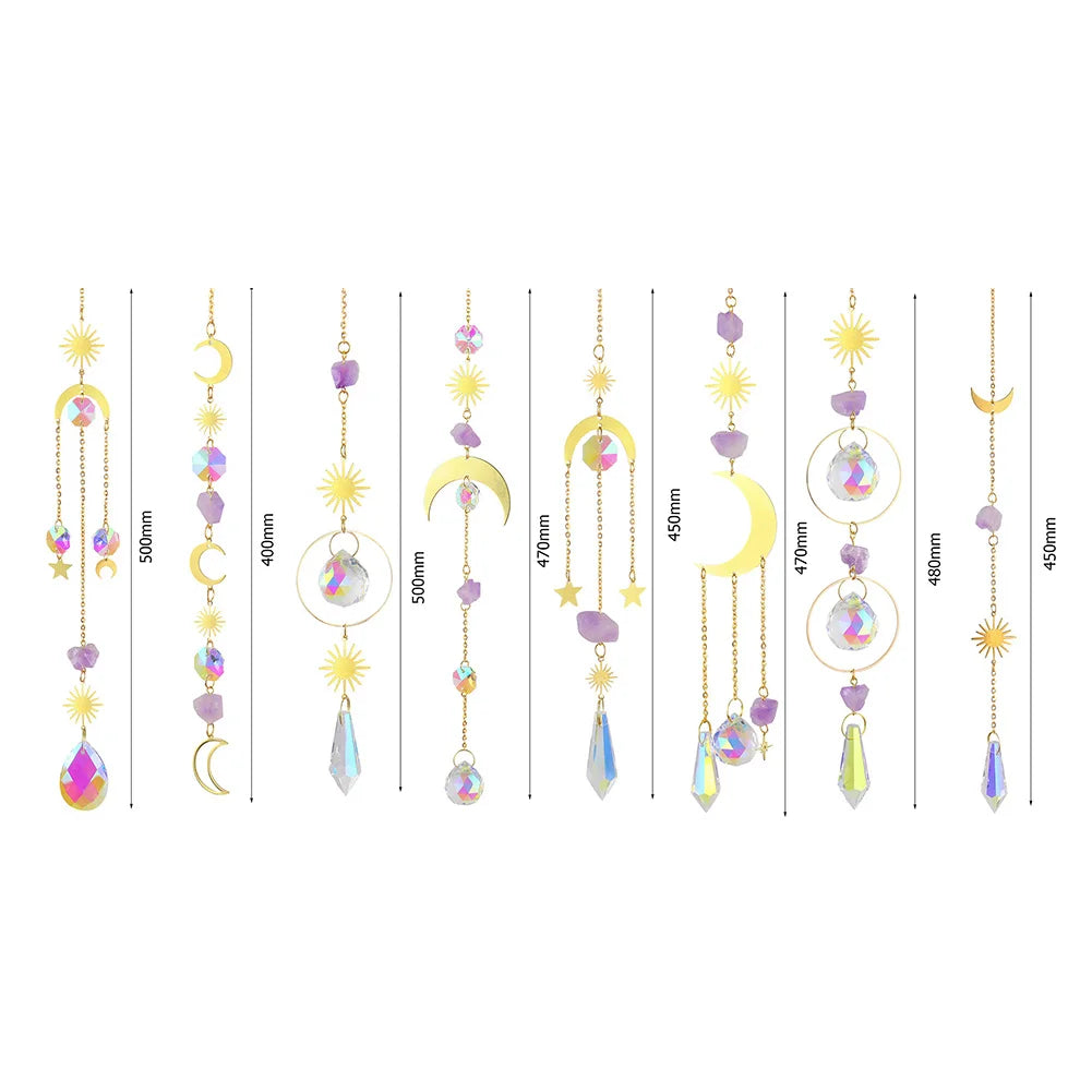 Set of decorative hanging items with measurements on a white background