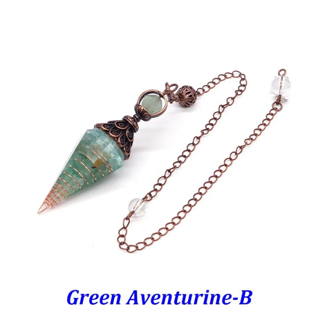 Green aventurine crystal pendant with chain on a white background