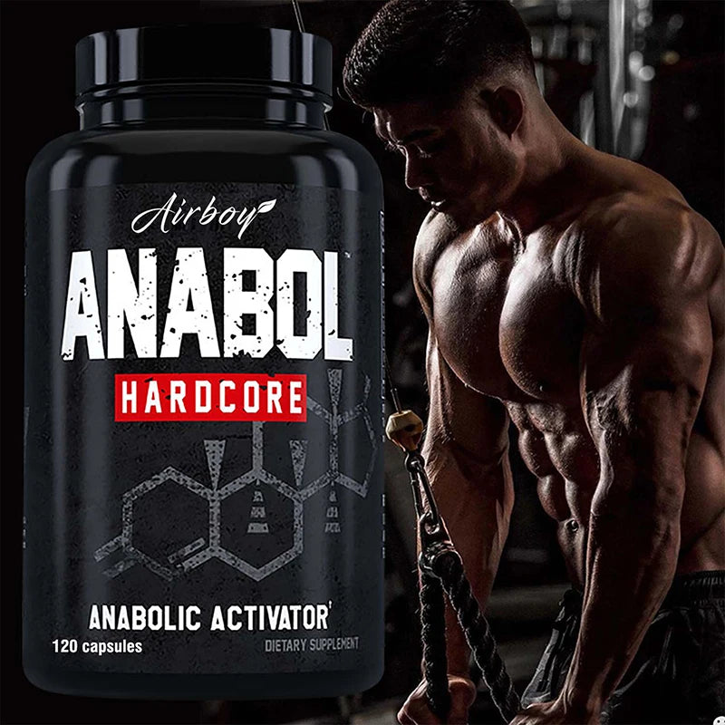 Supplement container labeled 'Anabol Hardcore' next to a muscular man in a gym setting.