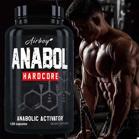 Supplement container labeled 'Anabol Hardcore' next to a muscular man in a gym setting.