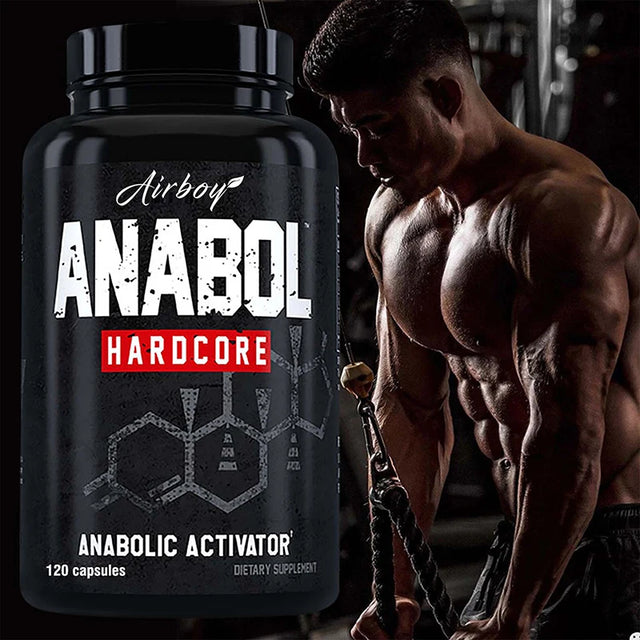 Supplement container labeled 'Anabol Hardcore' next to a muscular man in a gym setting.