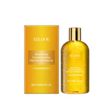 Yellow bottle and box of EELHO Precious Bathing Oil on a white background