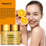 Woman holding oranges next to a Vitamin C moisturizing cream jar with text about vitamin C benefits.