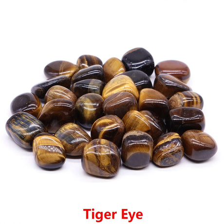Tiger eye stones on a white background with 'Tiger Eye' text.