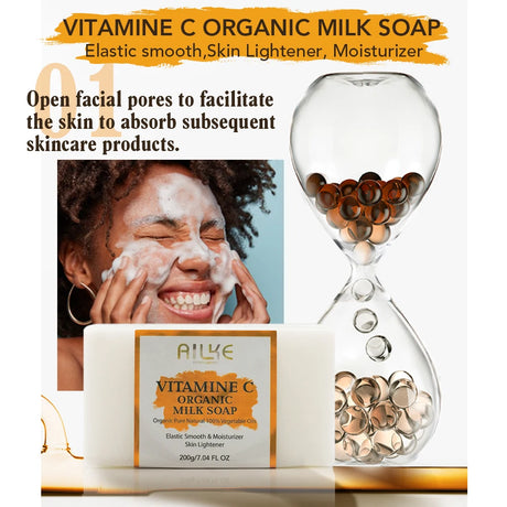 Vitamine C Organic Milk Soap with an hourglass and woman applying cream, featuring AIVIE brand.