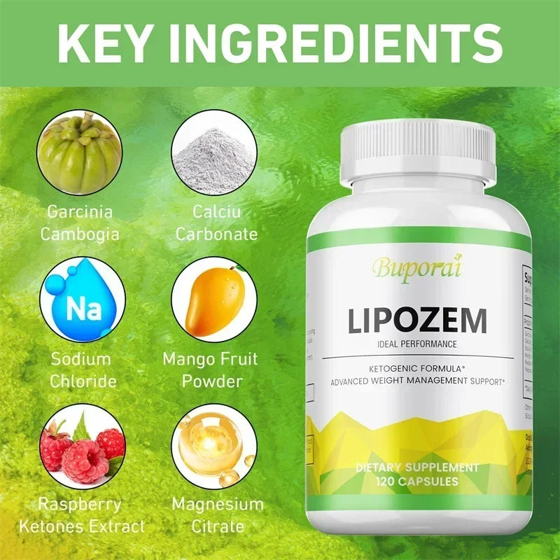 Buporali Lipozem dietary supplement bottle with key ingredients on a green background