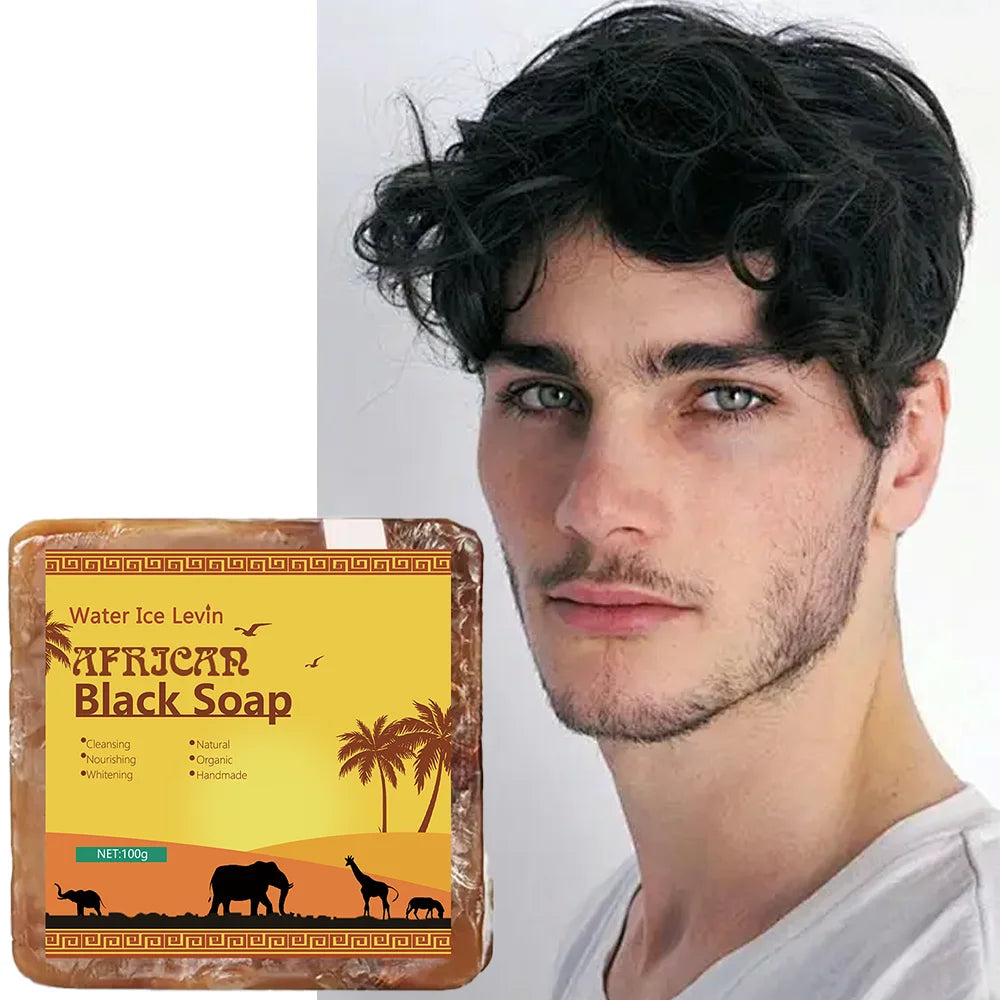 African Black Soap bar with packaging and a man with styled hair.