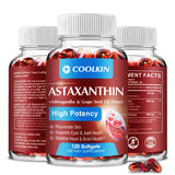 Three bottles of Coolkin Astaxanthin dietary supplement on a white background