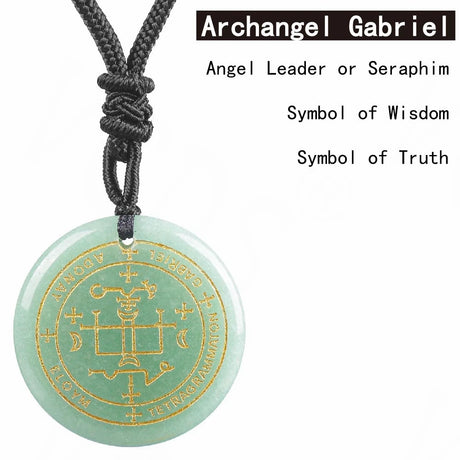 Necklace with a green pendant featuring angelic symbols on a white background