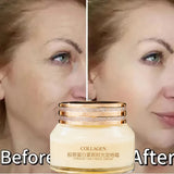 Collagen cream jar with 'Before' and 'After' effects on a woman's face.