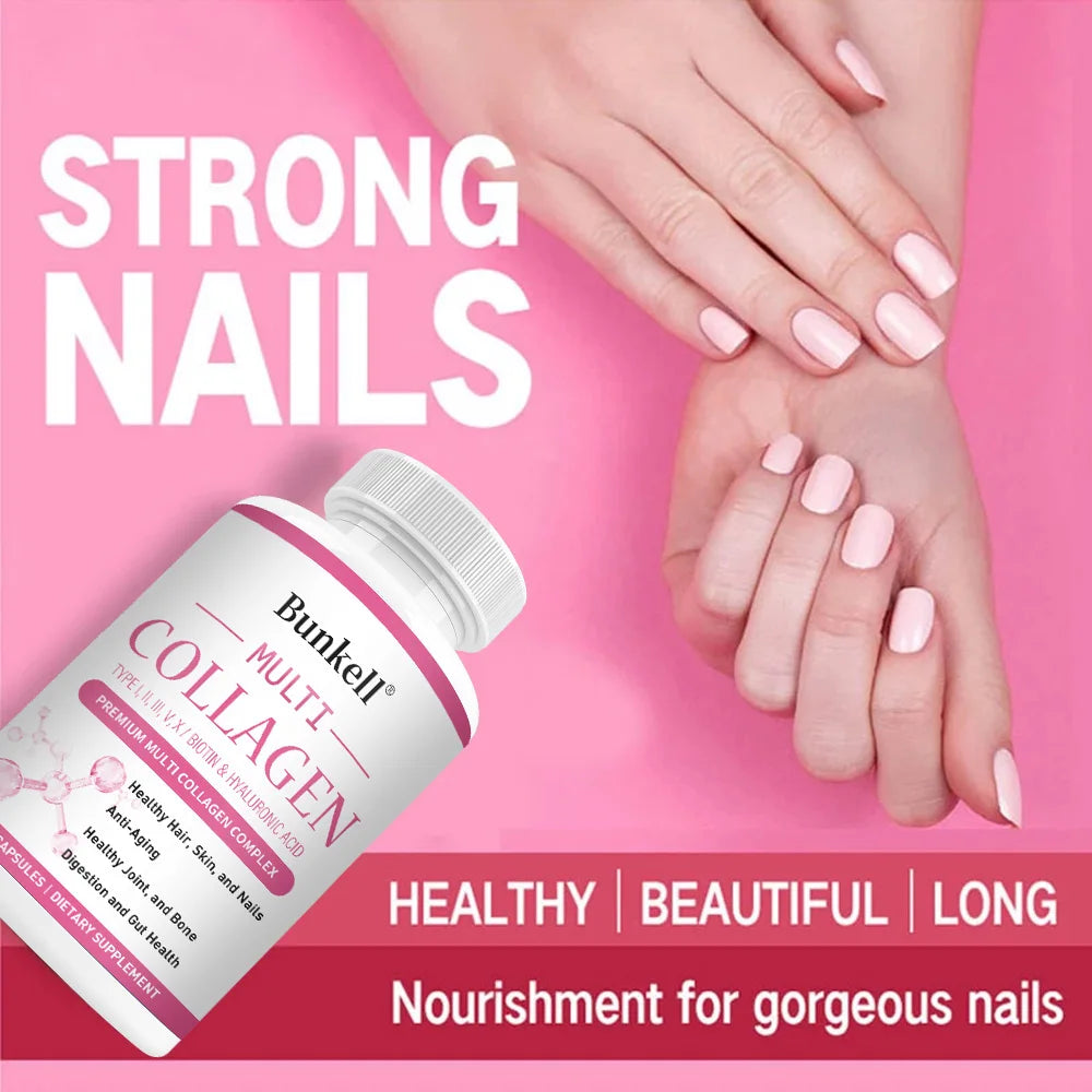 Bunkell Multi Collagen supplement bottle with hands and nails on a pink background