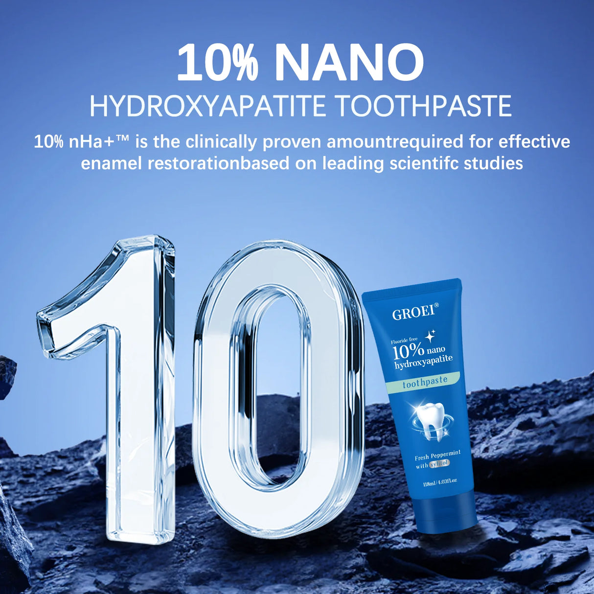 GROEL 10% Nano Hydroxyapatite Toothpaste with a blue background and prominent '10' graphic.